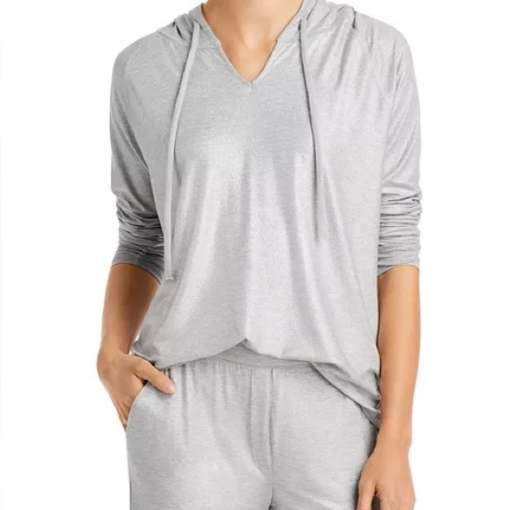 Majestic Filatures Soft Touch Metallic Gray V-Neck Drawstring Hoodie Size S NWT